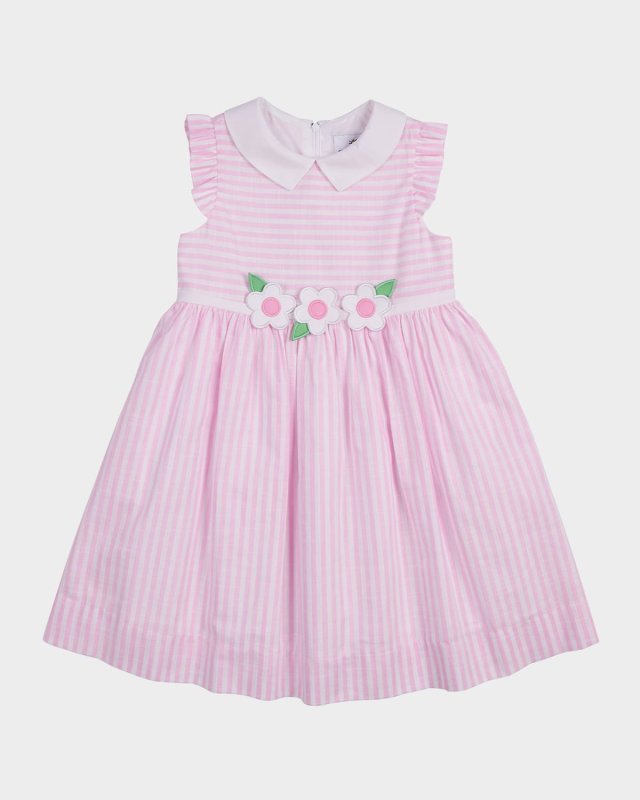 Girl's Cotton Stripe Floral Embroidered Dress, Size 2-6